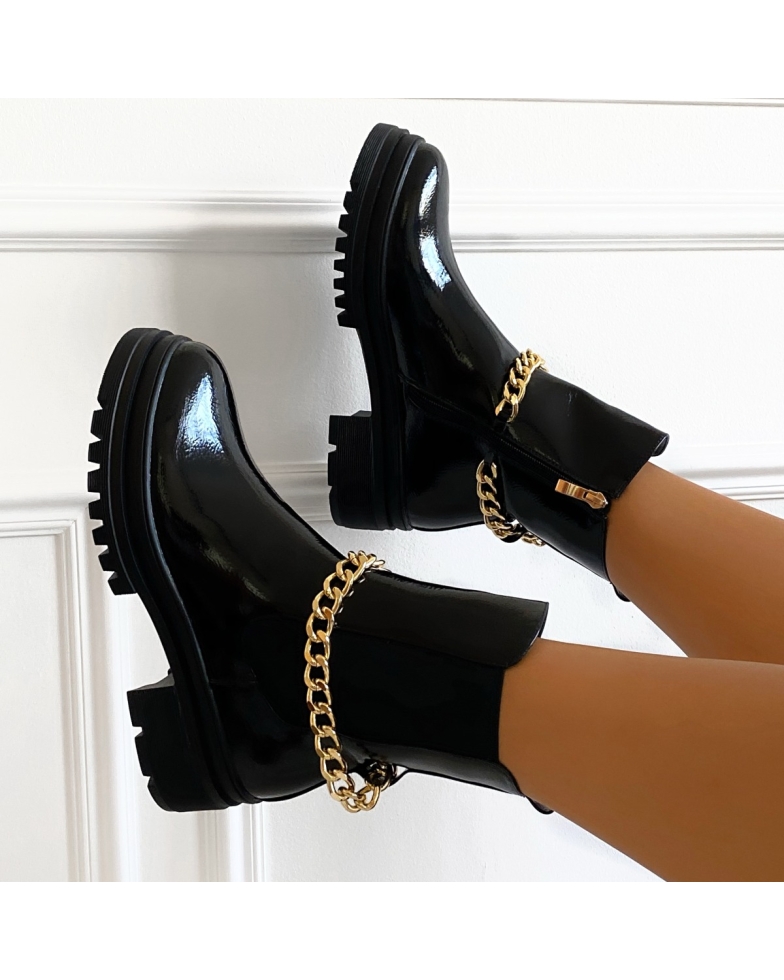 SIMMI SHOES / Blakely Black Patent Chain Detail Ankle Boots