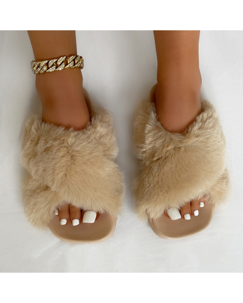 SIMMI LONDON / Lovebug Beige Fluffy Faux Fur Cross Strap Slippers