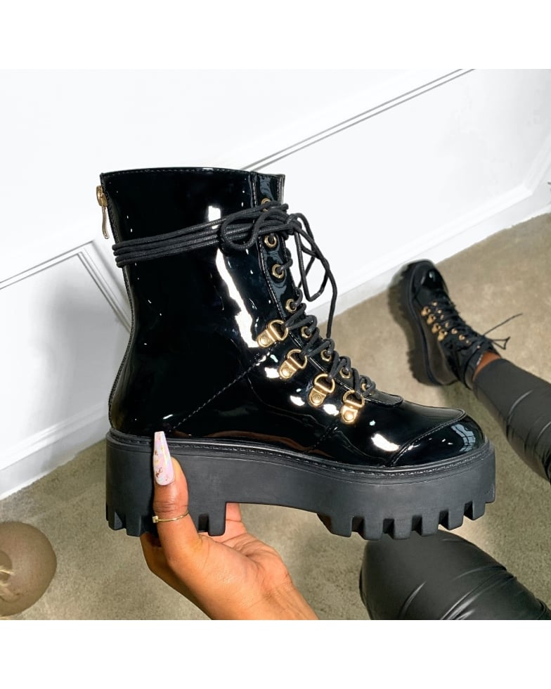 Cameo Black Patent Chunky Lace Up Ankle Boots