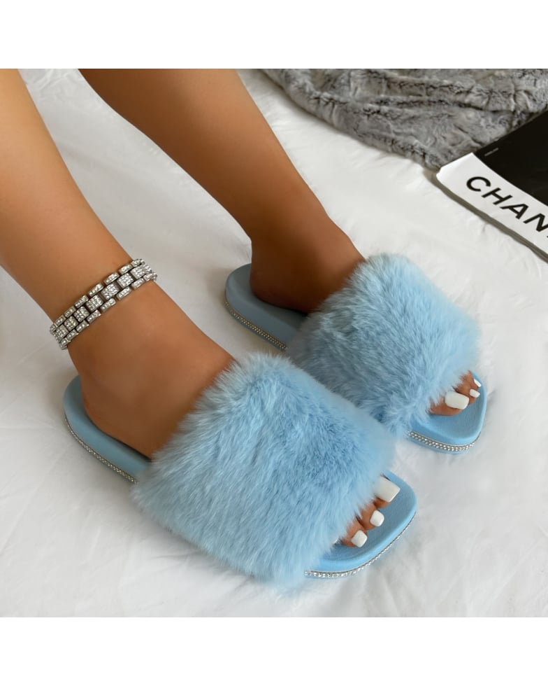 SIMMI Shoes / Candyfloss Baby Blue Fluffy Faux Fur Slippers