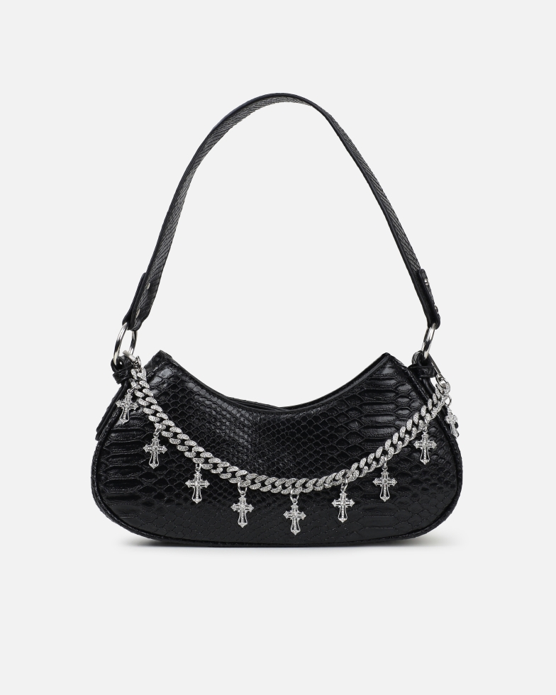 Carmine Black Snake Effect Diamante Cross Chain Shoulder Bag