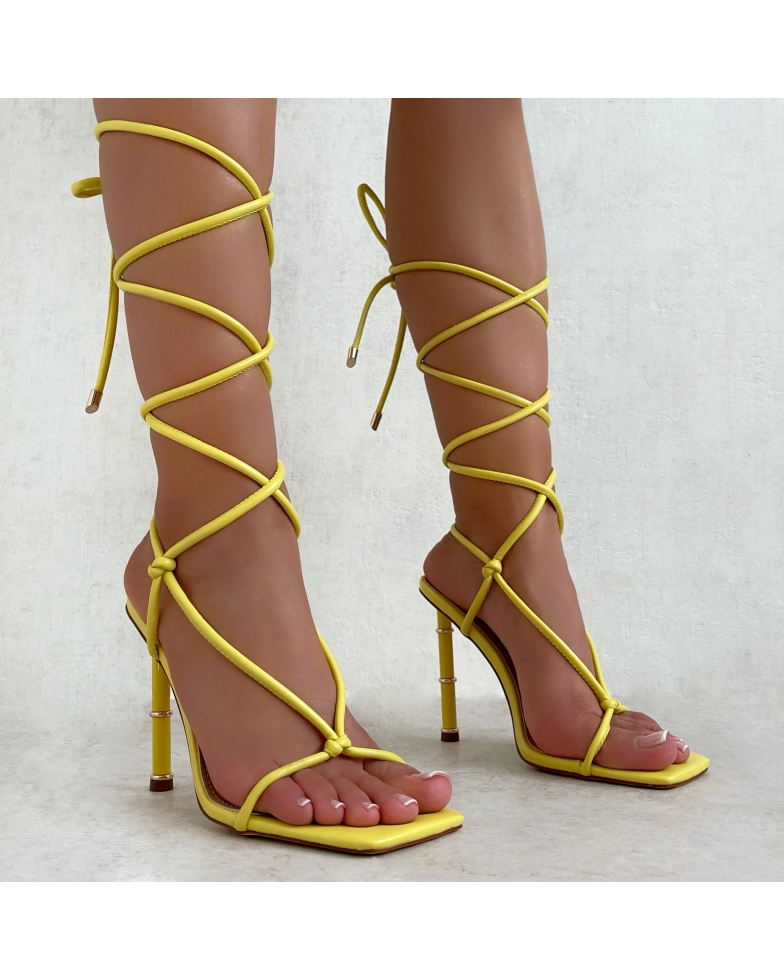 SIMMI Shoes / Coraline Yellow Square Toe Knot Lace Up High Heels