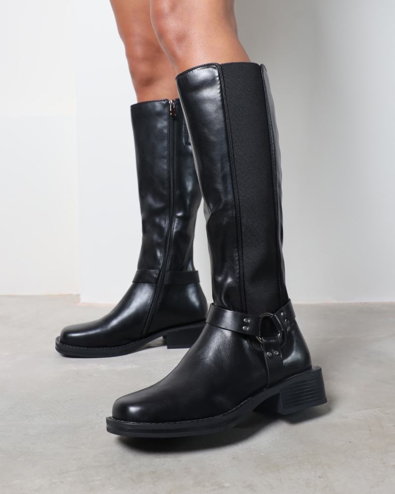 Collins Black Harness Knee High Biker Boots | SIMMI London