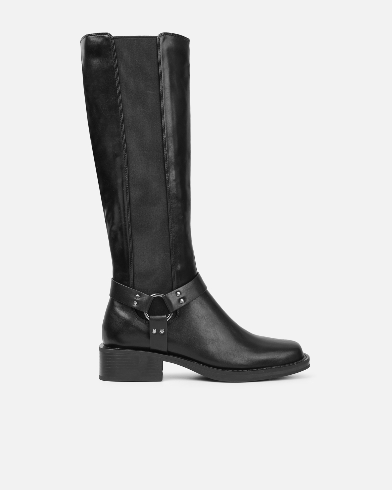 Collins Black Harness Knee High Biker Boots