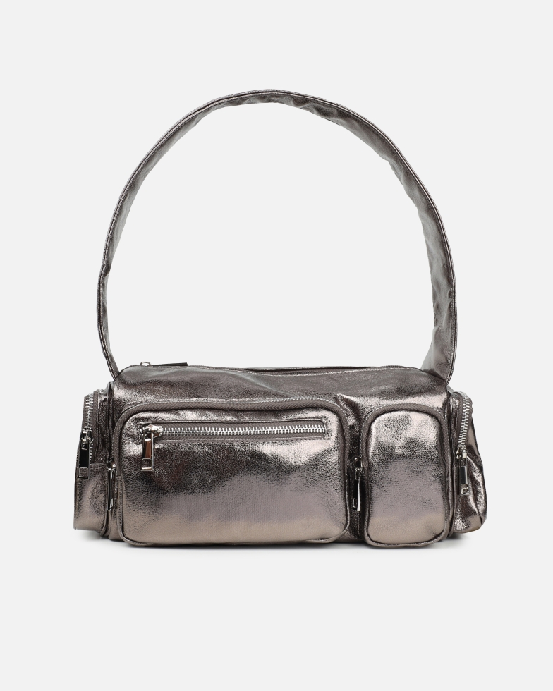 Ceyda Pewter Metallic Barrel Utility Shoulder Bag