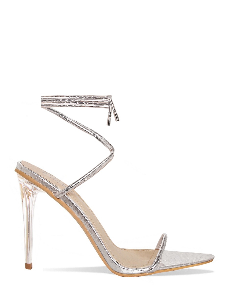 Gemini Silver Snake Lace Up Clear Heels