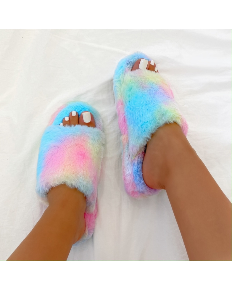 SIMMI SHOES / CLAUDIA TIE DYE FLUFFY FAUX FUR SLIPPERS