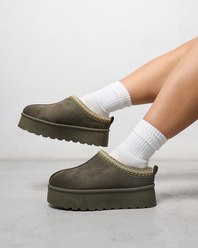 Coko Khaki Faux Suede Flatform | SIMMI London