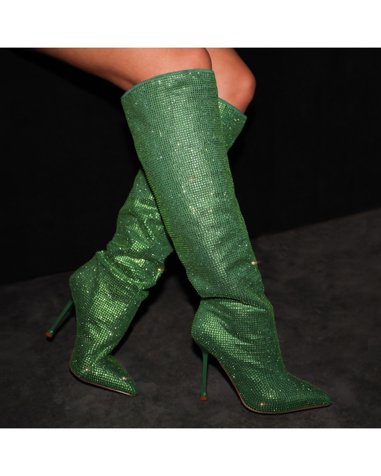 Disco Green Gem Pointed Toe Knee High Boots | SIMMI London