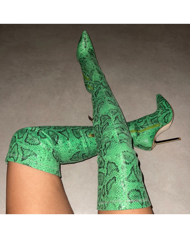 Duke Green Faux Snake Print Pointed Toe Thigh High Boots | SIMMI London