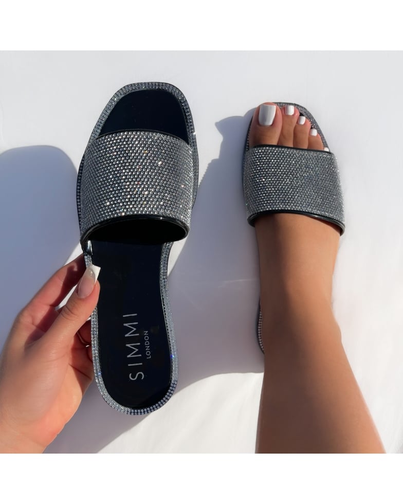 Esmeralda Black Diamante Jelly Sliders | SIMMI London