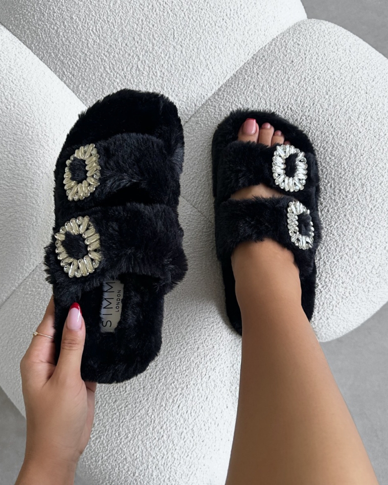 Evelyn Black Faux Fur Diamante Slippers | SIMMI London