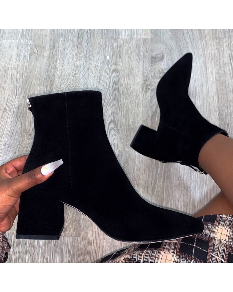 Simmi Shoes / Fabian Black Suede Pointed Toe Block Heel Ankle Boots