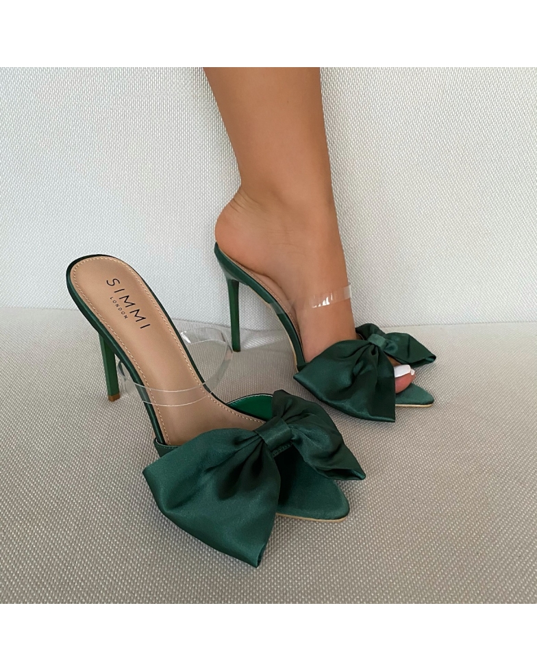 SIMMI SHOES/ Ezlili Emerald Green Satin Bow Stiletto Mules