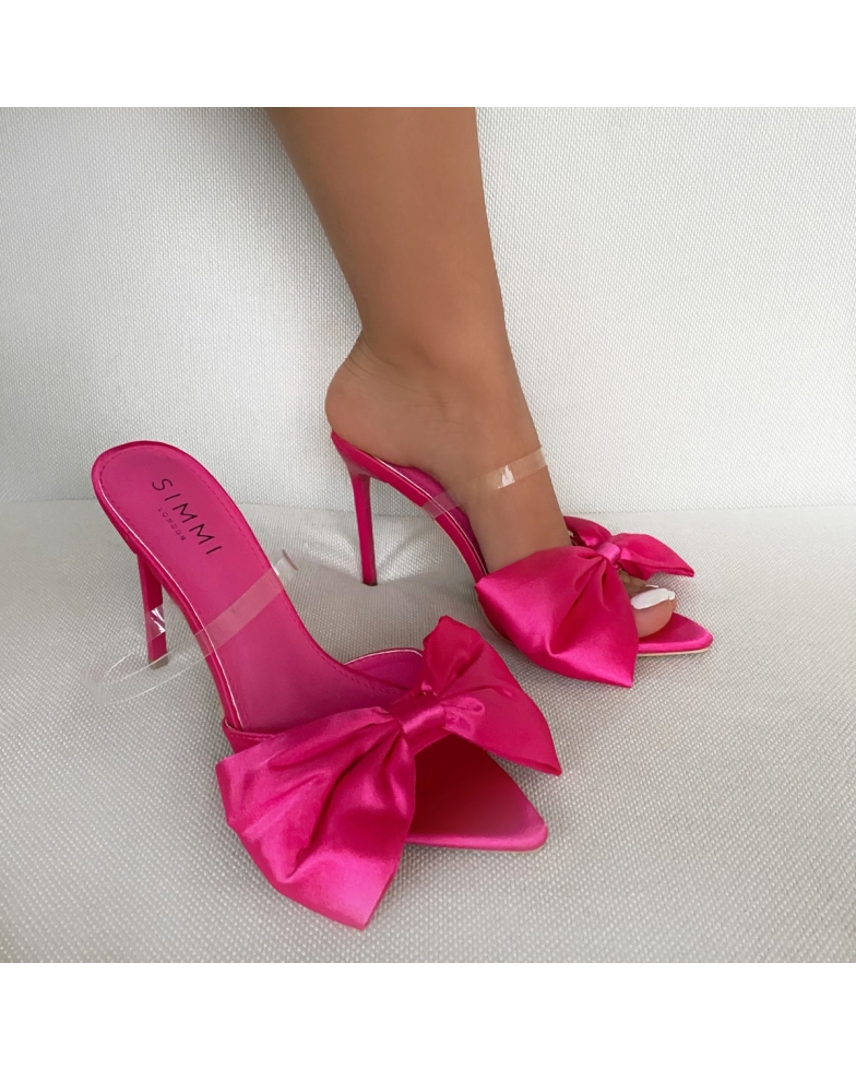 SIMMI SHOES / Ezlili Pink Satin Bow Stiletto Mules