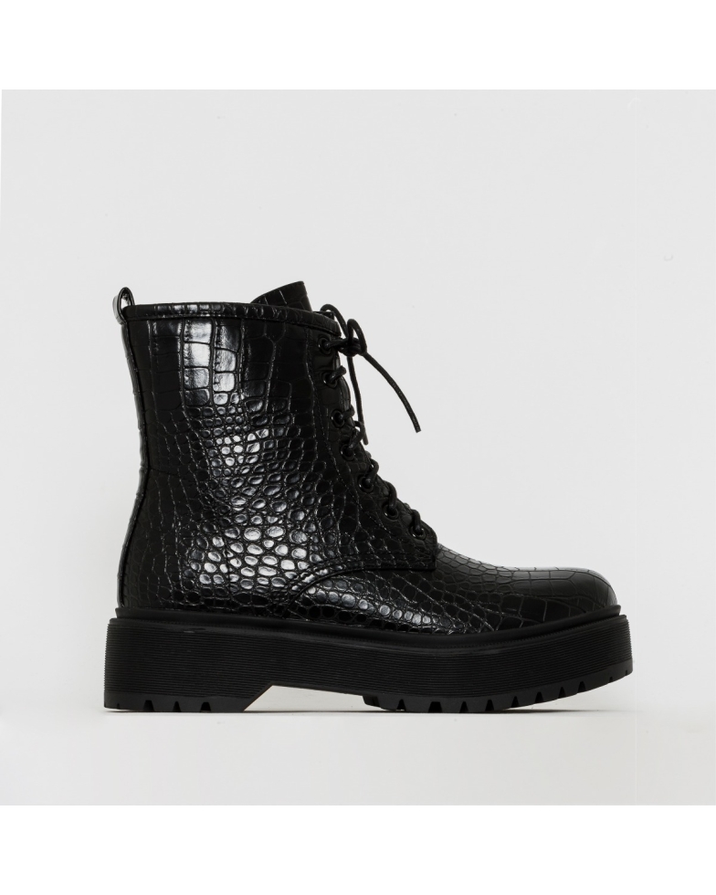 SIMMI SHOES / ROXY BLACK CROC PRINT CHUNKY LACE UP ANKLE BOOTS