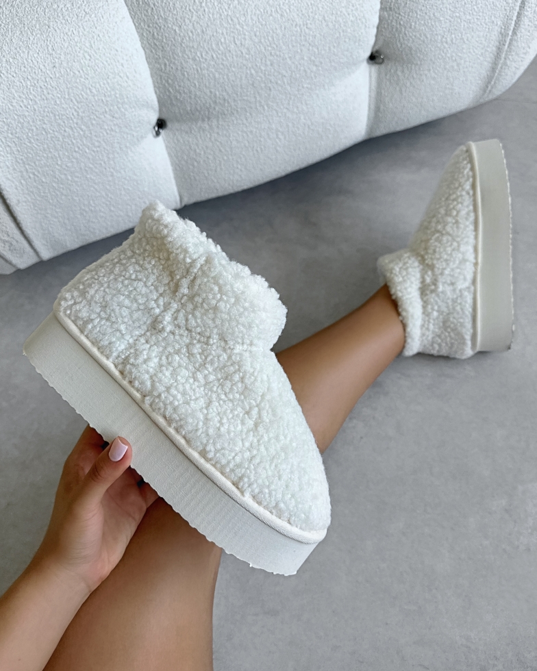 Fleecy Cream Borg Flatform Boots