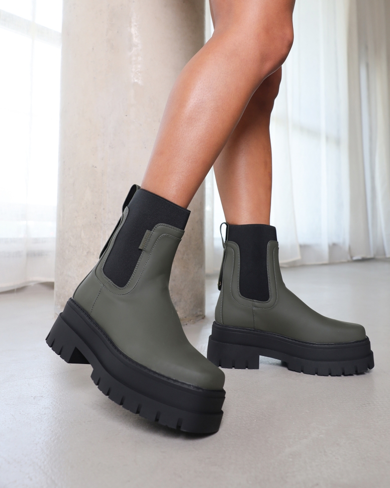 Ansel Khaki Rubberized Contrast Chunky Chelsea Boots | SIMMI London