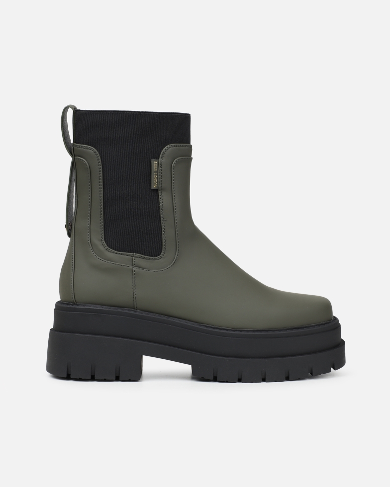 Ansel Khaki Rubberized Contrast Chunky Chelsea Boots