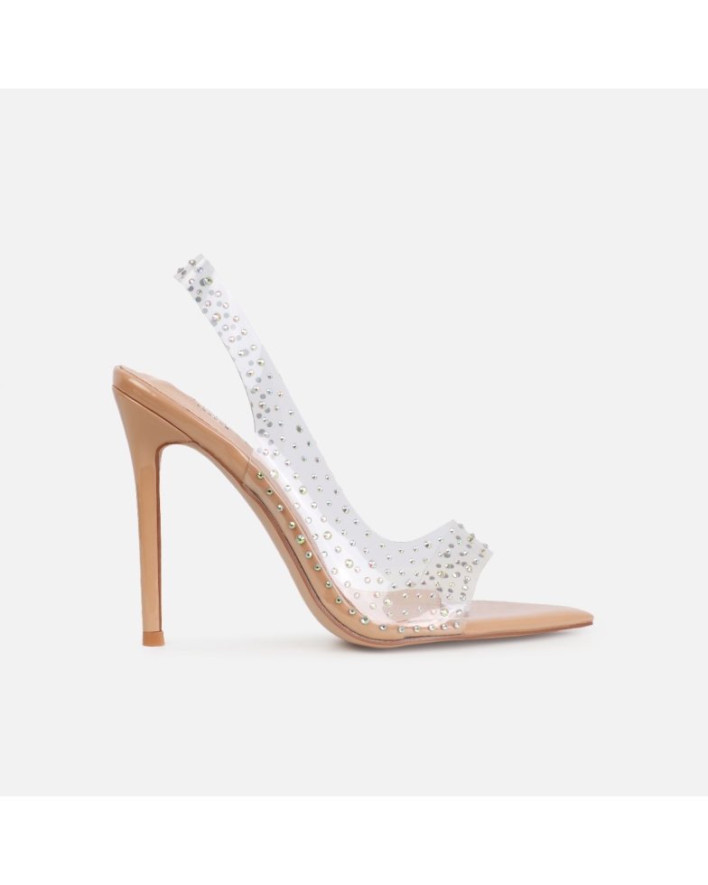 Frankii Nude Clear Diamante Stiletto Slingback Heels | SIMMI London