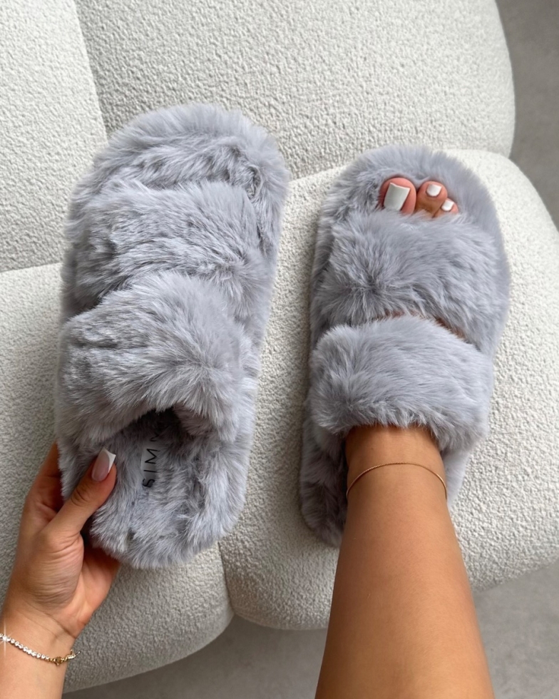 Fuzziest Grey Faux Fur Fluffy Slippers