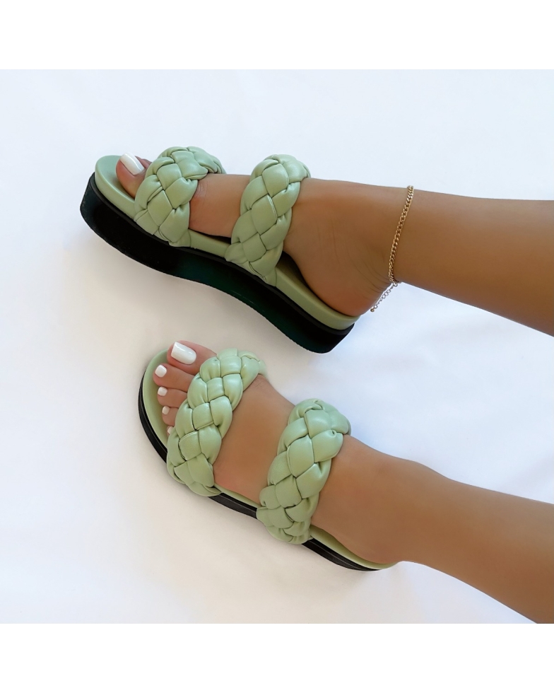 Gabriel Sage Green Two Part Plaited Flatform Sandals | SIMMI London