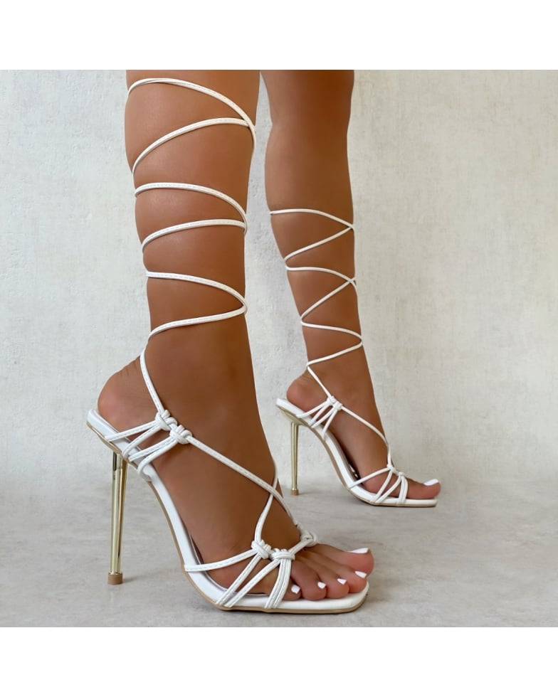 SIMMI Shoes / Harlow White Strappy Lace Up Stiletto Heels