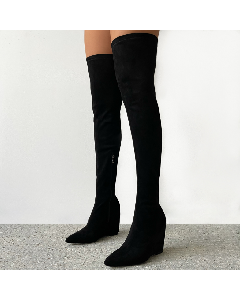 Harper Black Suedette Thigh High Pointed Wedge Boots | SIMMI London