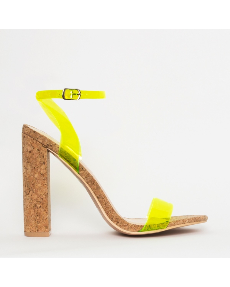 Eleni Neon Yellow Clear Cork Block Heels