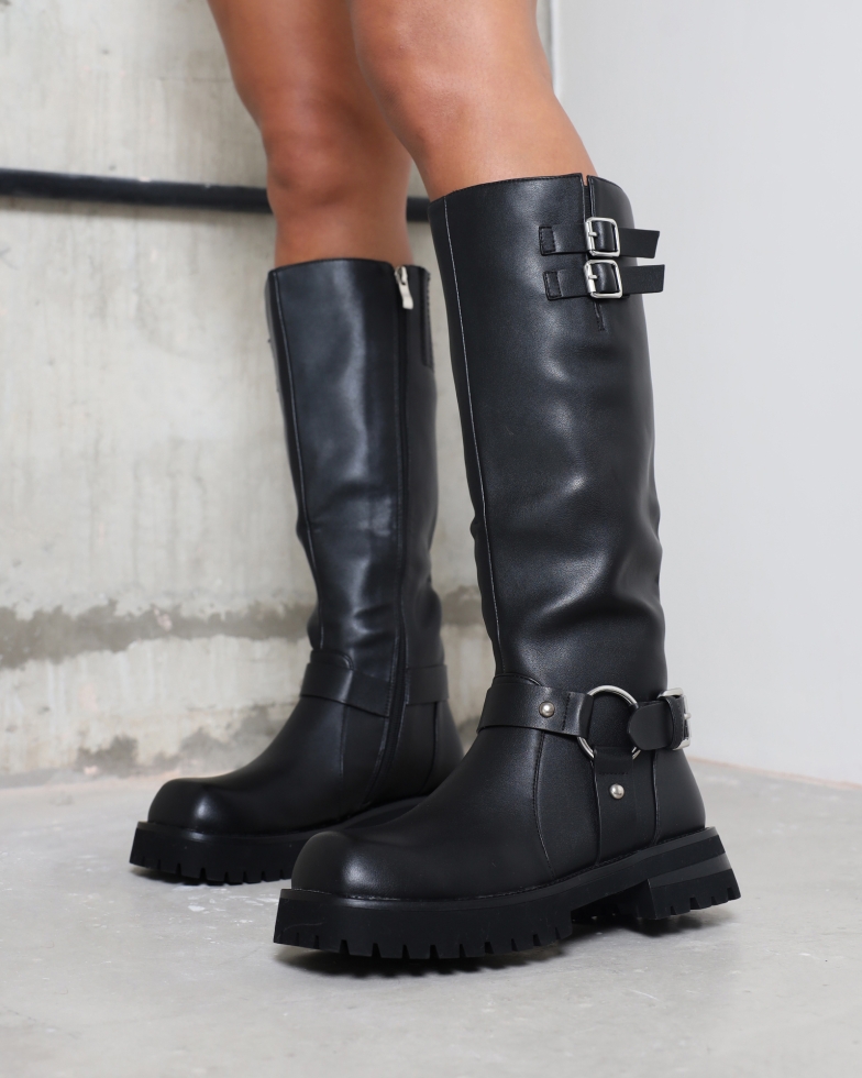 Benton Black Knee High Chunky Biker Boots | SIMMI London