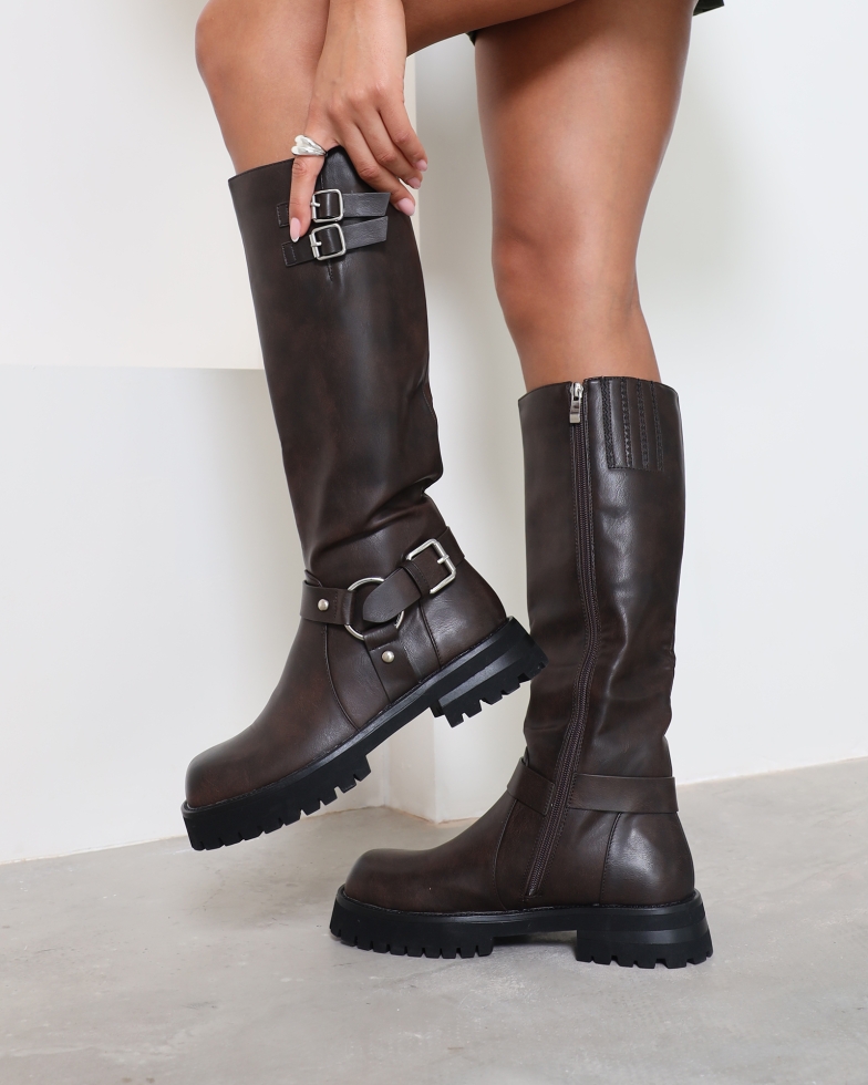 Benton Vintage Brown Knee High Chunky Biker Boots | SIMMI London