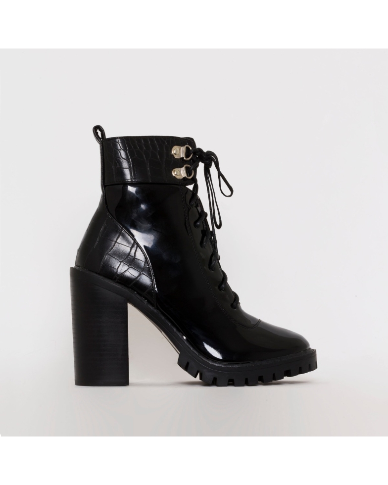 SIMMI SHOES / GIA BLACK PATENT CROC PRINT BLOCK HEEL LACE UP ANKLE BOOTS