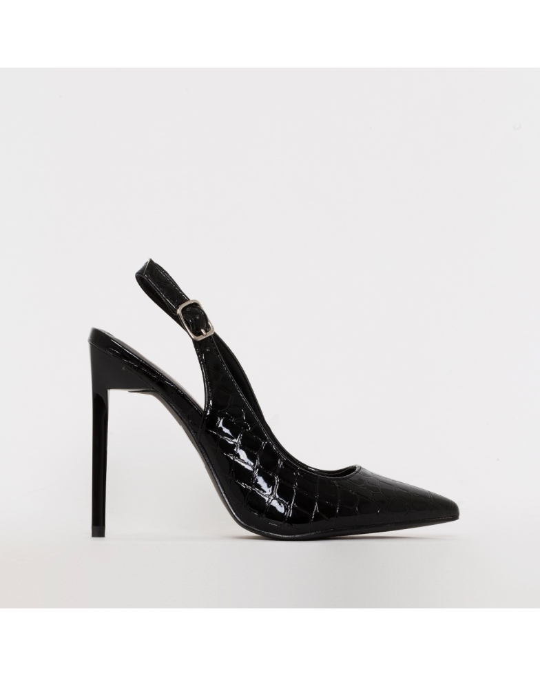 Ines Black Patent Croc Print Slingback Court Heels