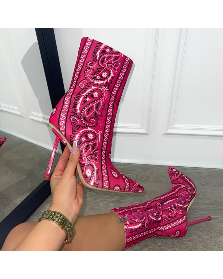 Indigo Hot Pink Scarf Print Stiletto Ankle Boots | SIMMI London