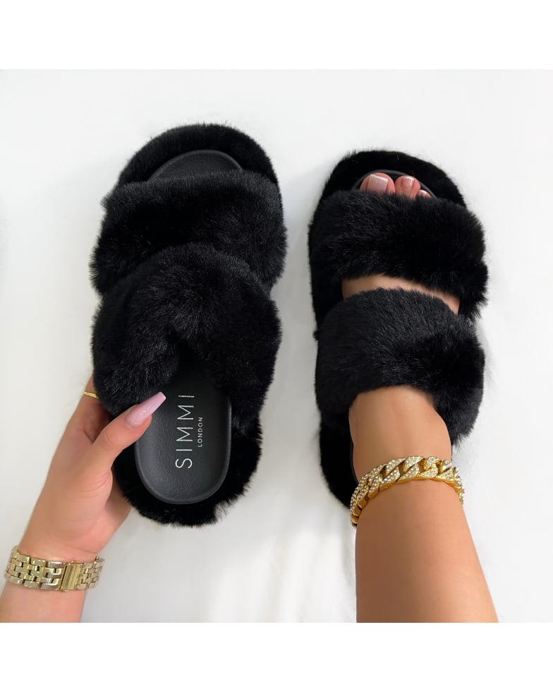 SIMMI Shoes / Itzel Black Fluffy Faux Fur Double Strap Flatform Slides