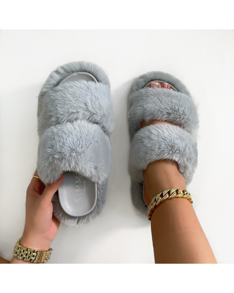 SIMMI Shoes / Itzel Light Grey Fluffy Faux Fur Double Strap Flatform Slides