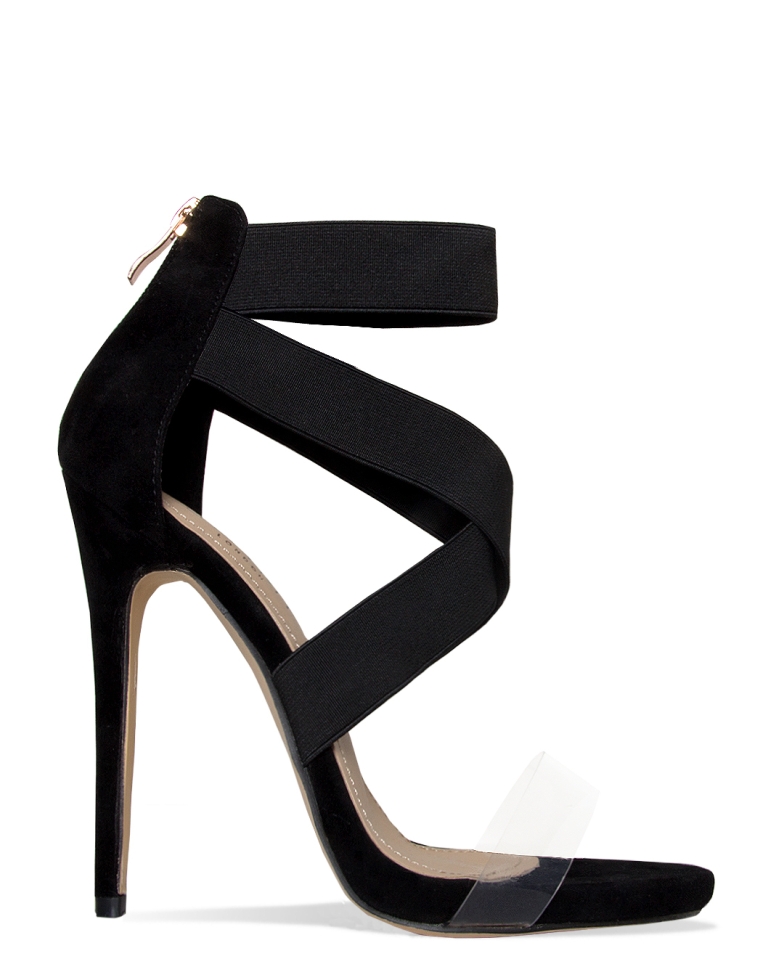 Madeline Black Suede Clear Strappy Stiletto Heels 