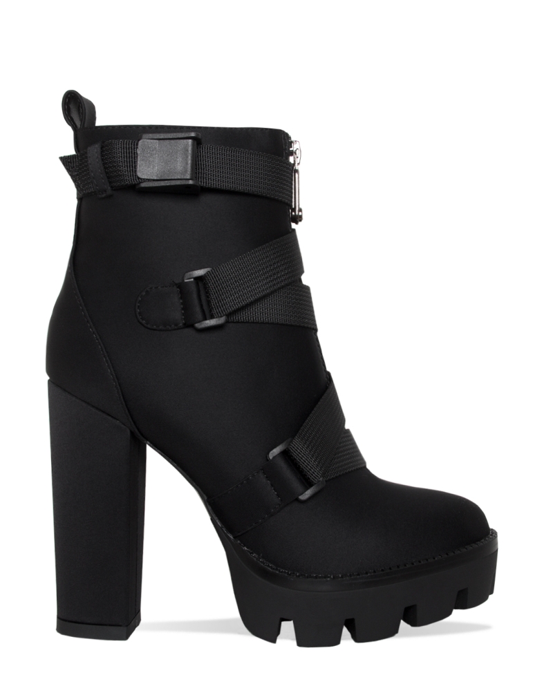 SIMMI SHOES / CAIRO BLACK LYCRA BUCKLE PLATFORM ANKLE BOOTS