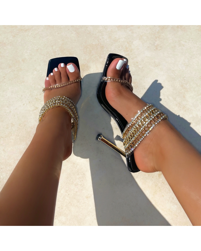 Seashell Black Patent Chain Diamante Stiletto Mules | SIMMI London