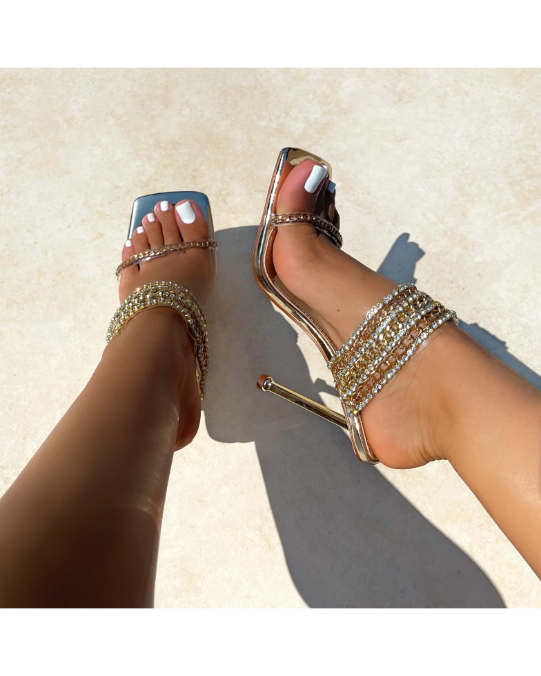 Seashell Gold Mirror Chain Diamante Stiletto Mules | SIMMI London