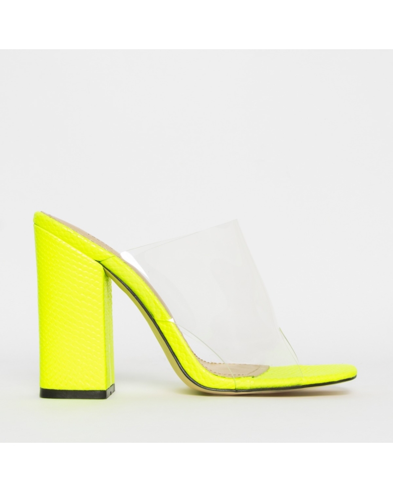 Clio Neon Yellow Snake Clear Block Heel Mules