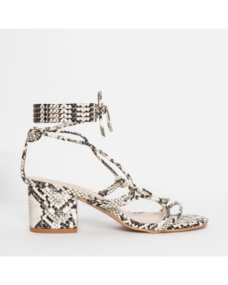 Kacie Beige Snake Lace Up Mid Block Heels