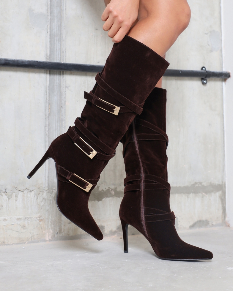 Kingston Chocolate Brown Suede Buckle Knee Boots | SIMMI London