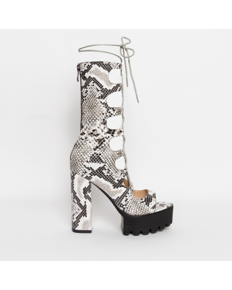 SIMMI SHOES / ALKETA BLACK AND WHITE SNAKE LACE UP PLATFORM HEELS