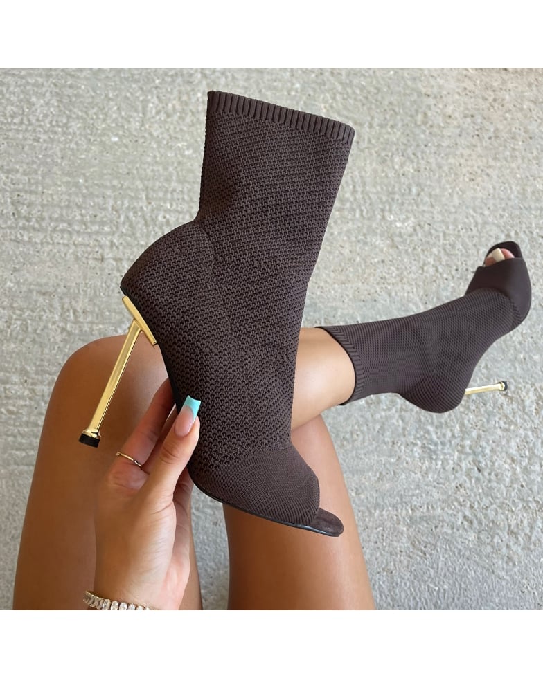 Katiya Brown Knitted Peep Toe High Heel Ankle Boots | SIMMI London