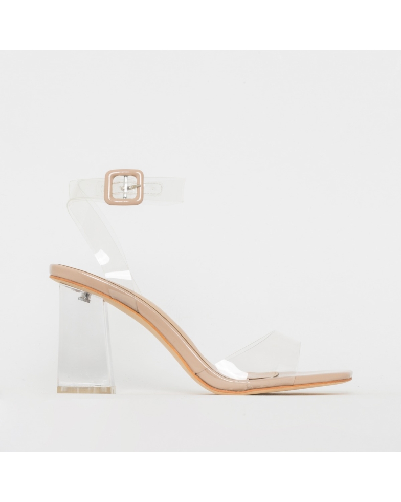 SIMMI SHOES / KEHLANI NUDE PATENT CLEAR MID BLOCK HEELS