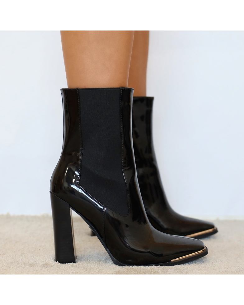 SIMMI SHOES / Kiera Black Patent Metal Toe Cap Block Heel Ankle Boots