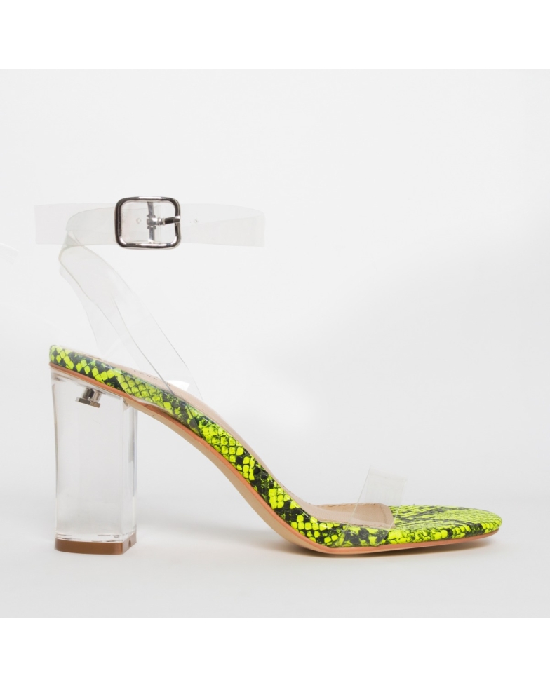 Kimana Neon Yellow Snake Clear Mid Block Heels