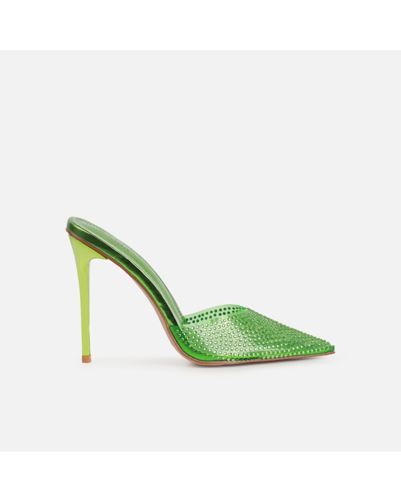 Jessyca Green Clear Diamante Pointed Stiletto Mules | SIMMI London