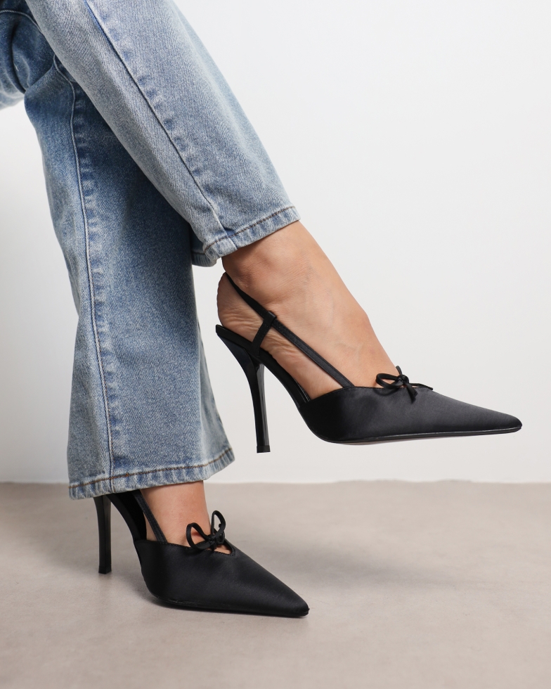 Klara black satin bow detail court shoes | SIMMI London